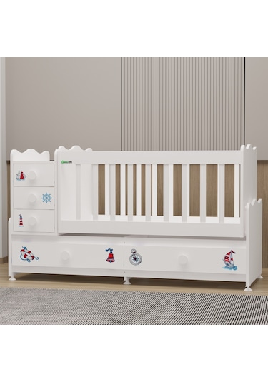 Garaj Home Melina 5 Çekmeceli Büyüyen Mdf Çıtalı Beşik - Denizci Beyaz