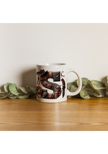 S Harfi Kovboy Temalı Bardak 330 Ml İsim / Harf Kişiye Özel Hediye - Vahşi Batı Konsept Beyaz