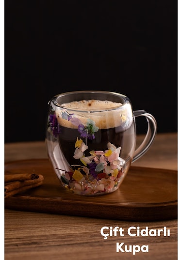 Porsima 2090 Leafy Çift Cidarlı Cam Kupa Çay Kahve Kupası Isı Yalıtımlı Kulplu Cam Bardak 250ml Şeffaf