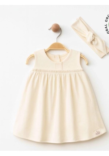 Zekids Kız Bebek Organik Pamuklu Bandanalı Kolsuz Elbise-15906 Krem
