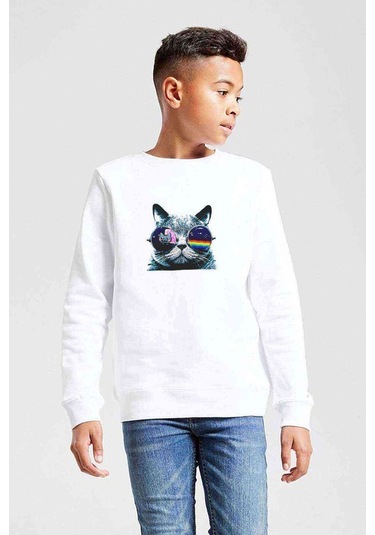 Kedi Cat Phone Müzik Baskılı Unisex Çocuk Beyaz Sweatshirt Beyaz