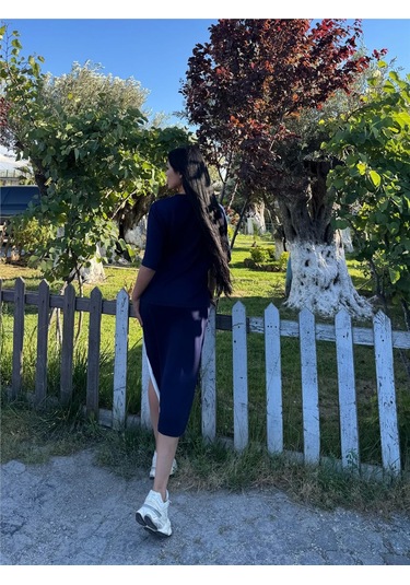 Laci %100 Pamuk Yandan Çizgili Midi Takım Lacivert