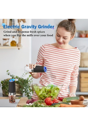 Honeybeeshop 2 Adet Siyah Yerçekimi Elektrikli Biber Ve Tuz Öğütücü Seti Led Işık Büyük Kapasiteli Otomatik Ahşap
