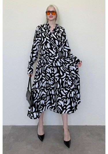 Madmext Beyaz Uzun Kollu Düğmeli Desenli Elbise Mg2431 Beyaz