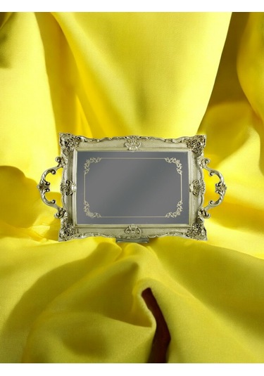 Polyester Dikdörtgen Epoksi Cam Tepsi - Gümüş Gümüş