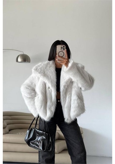 Neşeli Butik Kadın İçi Astarlı İthal Kürk Kaban Nbg111 Ekru