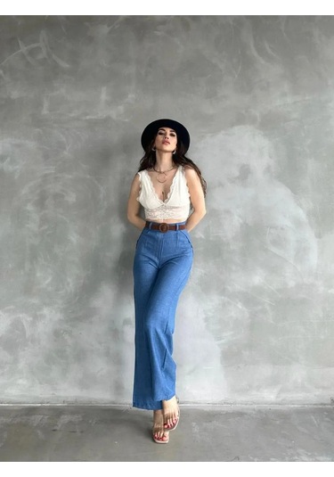 Derenle Beli Kemerli Keten Pantolon Mavi