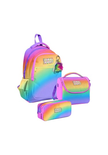 Coral High Üç Gözlü Çok Renkli Renk Geçişli Gradyan, Kız Çocuk, İlkokul Üçlü Okul Çanta Seti Çok Renkli
