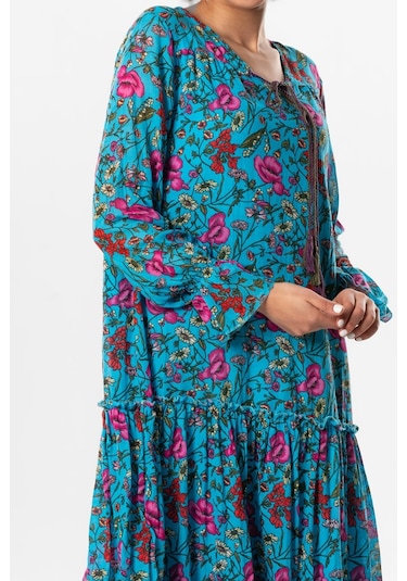 Uzun Kol Vual Gonca Uzun Yazlık Elbise Gelincik Desen Turkuaz Çizgili 6156-turkuaz Turkuaz