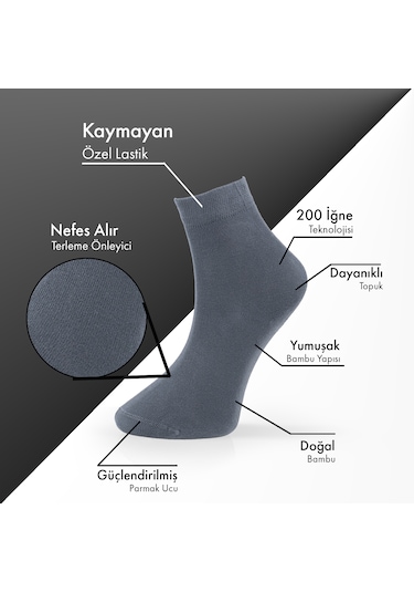 Saf Bambu Erkek Yarım Konç Düz Füme Çorap Dikişsiz Premium Kutulu 6'lı L5952aznp Softaura