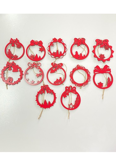 Ahşap 12 Adet Yılbaşı Ağacı Süsü Kırmızı