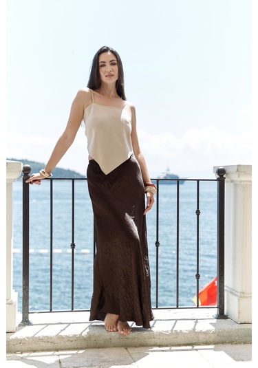 Eubah Kırışık Uzun Kahve Saten Etek Kahve