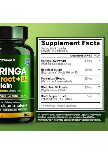 Moringa Beet Root + 5x İn One + Mullein With Black Seed Oil & Black Pepper 60 Kapsül