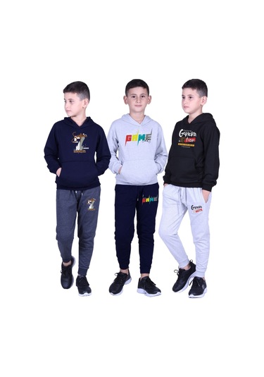 3'lü Erkek Çocuk Kapüşonlu Baskı Detaylı Eşofman Takımı Lacivert Füme Gri Lacivert Siyah Gri