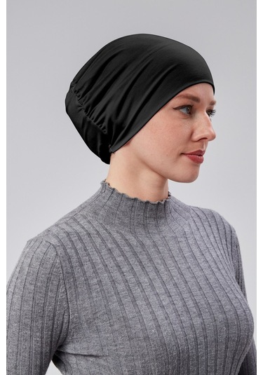Kadın Tesettür Hazır Pratik Geçmeli Bone Lastikli Kaymaz Siyah