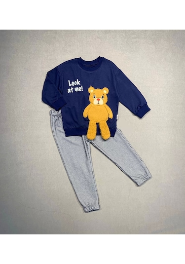 2-3-4 Yaş Ayıcık Sallanan Ayak Desenli Likra Penye Kumaş Sweat Pantolonlu Kız Erkek 2li Çocuk Takımı Lacivert
