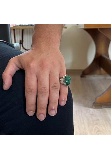Gerçek Doğal Taş Yüzük - 925 Ayar Gümüş El Yapımı Yüzük Zümrüt Gümüş