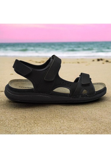 240105 Ortopedik Taban Erkek Sandalet Erkek Cırtlı Sandalet Siyah
