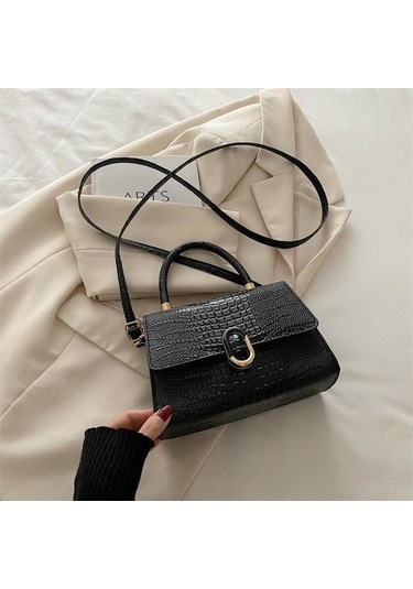 Novahub El Çantası Moda Trend Çapraz Askılı Çanta Retro Basit Küçük Kare Çanta Kişiselleştirilmiş Timsah Desenli Omuz Çantası Siyah Siyah