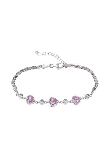 Kalp Model-2 Pembe Zirkon Taşlı 925 Ayar Gümüş Kadın Bileklik Gümüş