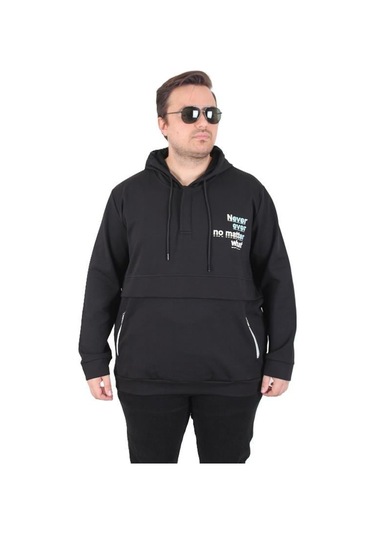 Starbattal Büyük Beden Kapüşonlu Sweat Double Face Never 25706 Sıyah Siyah