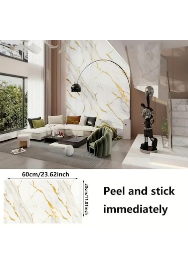 Kenpazar Beyaz Mermer Desenli Alüminyum Plastik Duvar Sticker Ahşap - Beyaz