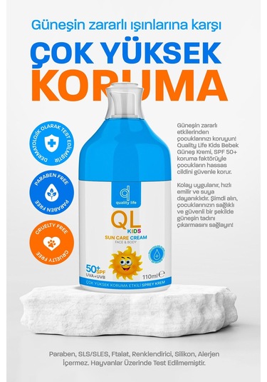 Ql Bebek Güneş Kremi 50+ Spf 110 Ml Çok Yüksek Koruma Çocuk Güneş Kremi