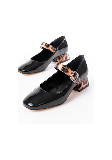 St-006 Siyah Leopar Rugan Günlük 4 Cm Topuklu Bayan Ayakkabı Renksiz