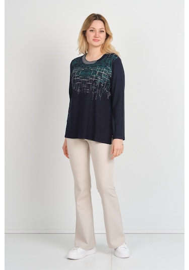 Detay Triko Kadın Taş Detaylı Desenli Yanları Yırtmaçlı Uzun Kol Anne Bluz 5741 Lacivert Lacivert