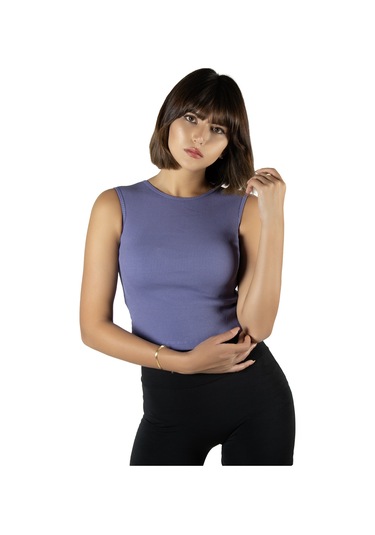 2'li Paket Mor Krem Fitted/vücuda Oturan Crop Halter Yaka Fitilli Esnek Örme Bluz Atlet Mor-krem