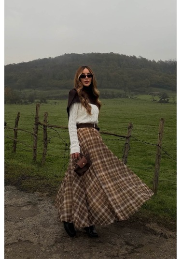 Kahverengi Şifon Ekoseli Etek - 0613 Kahverengi