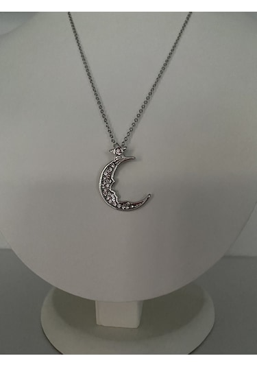 Ay Figürlü Mini Yıldız Detaylı Kolye Gümüş Renk Mor