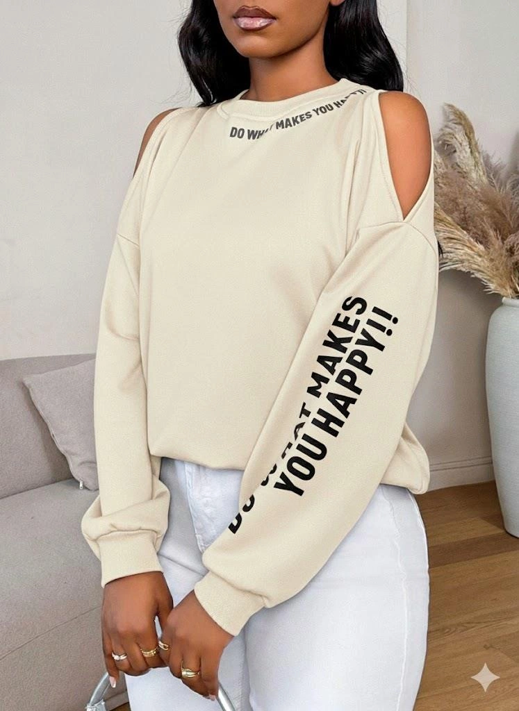 Premium 3 İplik Kumaş Ekru Sweatshirt Oversize Rahat Kalıp Siyah Minimal Baskılı Ekru