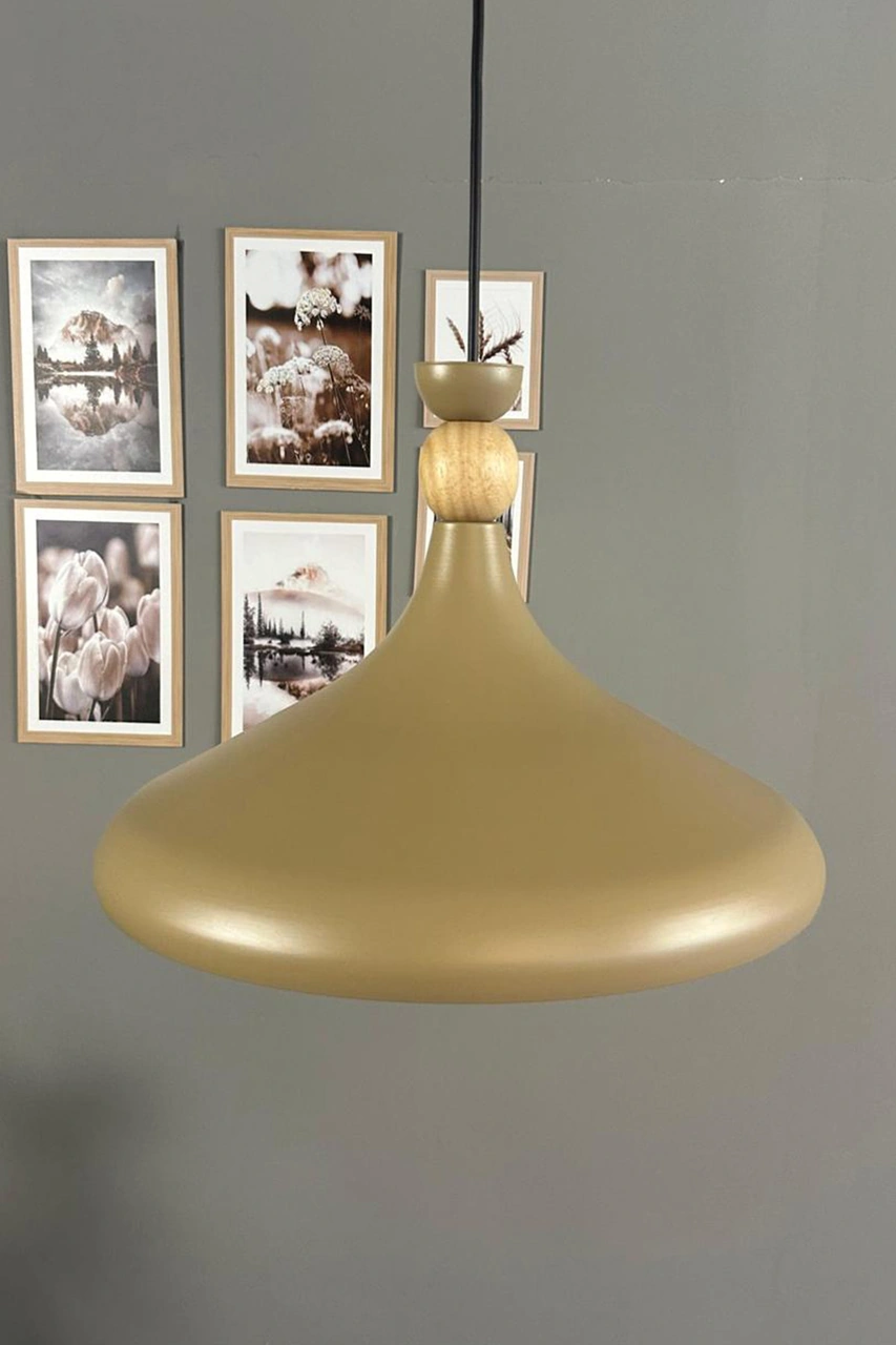 Bej Ahşap Şapka Tekli Avize Sarkıt Salon Mutfak Cafe Butik Lamba Aydınlatma Avizeler Bej