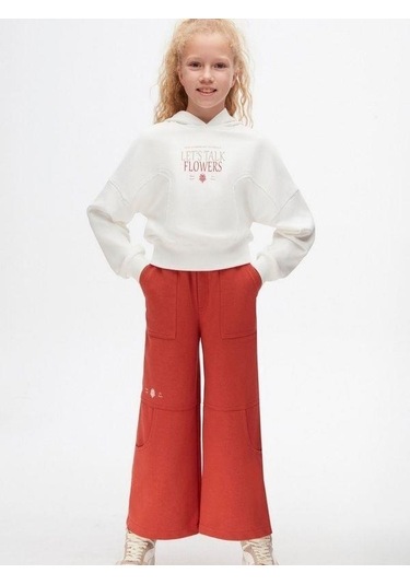 Kız Çocuk Pamuklu Bel Lastikli Cep Detaylı Bol Paça Eşofman Altı-14727 Kiremit