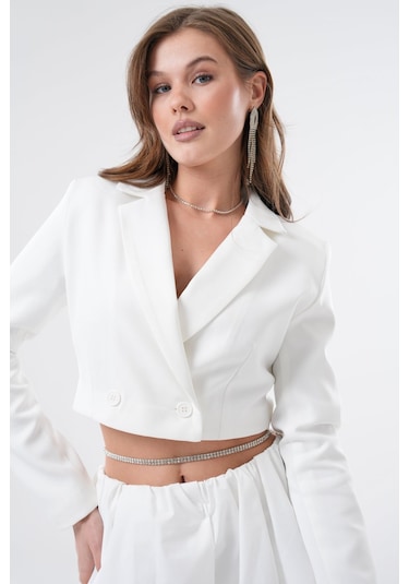 Saade Sââde Kadın Regular Fit Kruvaze Kapama Dokuma Crop Blazer Ceket -şık & Spor Beyaz