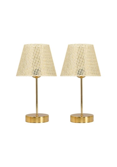 Star Gold Ayaklı Abajur Rattan Hasır Başlık Yatak Odası Salon Masa Lambası 2 Adet Hasır