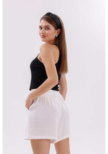 Genius Store Genıus Store Kadın Şort Aerobin Pamuklu Cepli Çekmez Kumaş Beli Lastikli Şort Beyaz