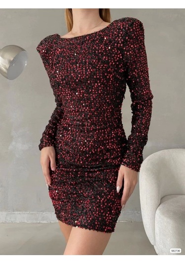 Kadın Uzun Kollu Vatka Detay Full Pul Payet Mini Elbise Kırmızı