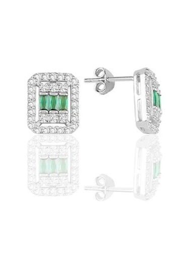 Gümüş Beyaz Altın Rodyumlu Baget Kesim Kök Zümrüt Taşlı Çizgili Ü