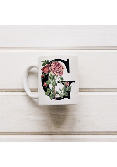 G Baş Harf Kırmızı Güller İle Sarılı Bardak 330 Ml Kişiye Özel Çiçekli Hediye Beyaz