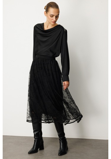 Ekol Kadın Kadife Desenli Tül Etek 2401 Siyah Siyah