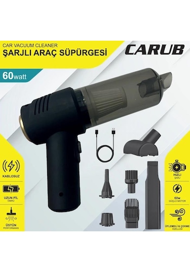Oto Araç İçi Süpürge 60w Şarjlı Kablosuz Lüx Üfleme, Çekme Ve Hızlı Şarj Özellikli