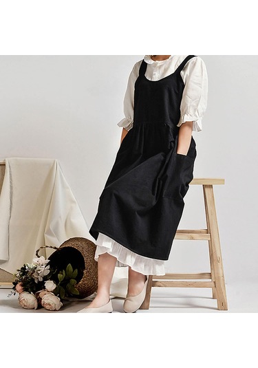 Kadınlar İçin Cepli Pamuklu Keten Önlük Çapraz Sırtlı İş Önlüğü Pin Saf Siyah Diğer