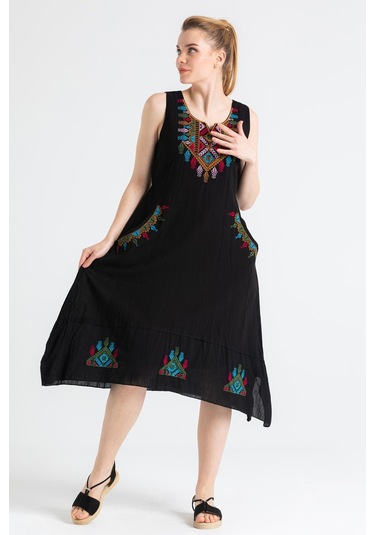 Kolsuz Şile Bezi Antik Nakışlı Midi Boy Elbise Siyah Syh-siyah