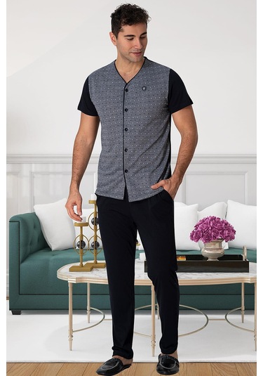 Mecit 2792 Gri Büyük Beden Boydan Düğmeli Erkek Pijama Takımı Gri