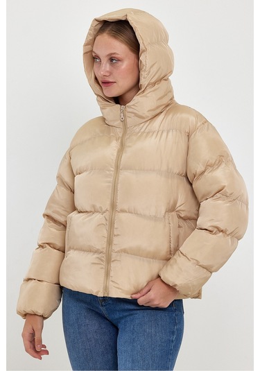 Alisse Kadın Vizon Kapüşonlu Şişme Mont Kaban Vizon