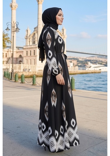 Bestenur Alera Desenli Viskon Elbise 1720 - Kahve