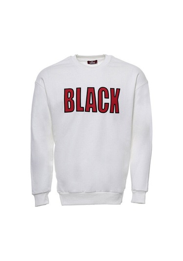Krem Baskılı Bisiklet Yaka Erkek Sweatshirt - Wessi Siyah