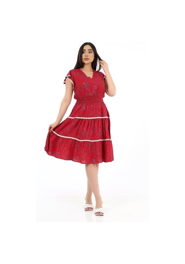 Schık Kadın Viskon Yarım Kol V Yaka Gipeli Elbise Bordo Bordo